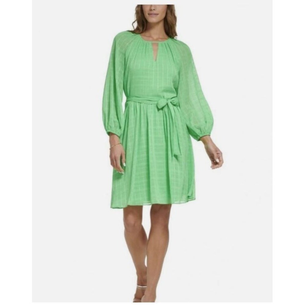 DKNY Bright Green Metallic Checked Belted Dress Women’s Size 10 Flaw
